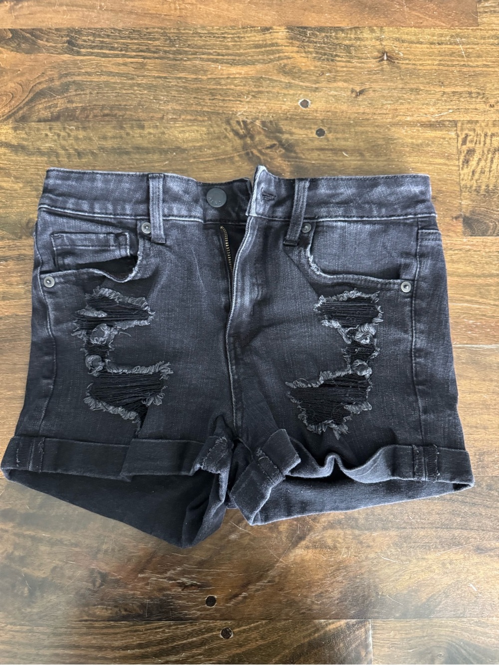 High-Rise Black Distressed Denim Shorts - Casual Rolled Hem